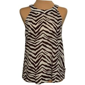 Tahari Linen Tank Top Zebra Print‎ Sleeveless Brown & Cream Blouse Women's Large